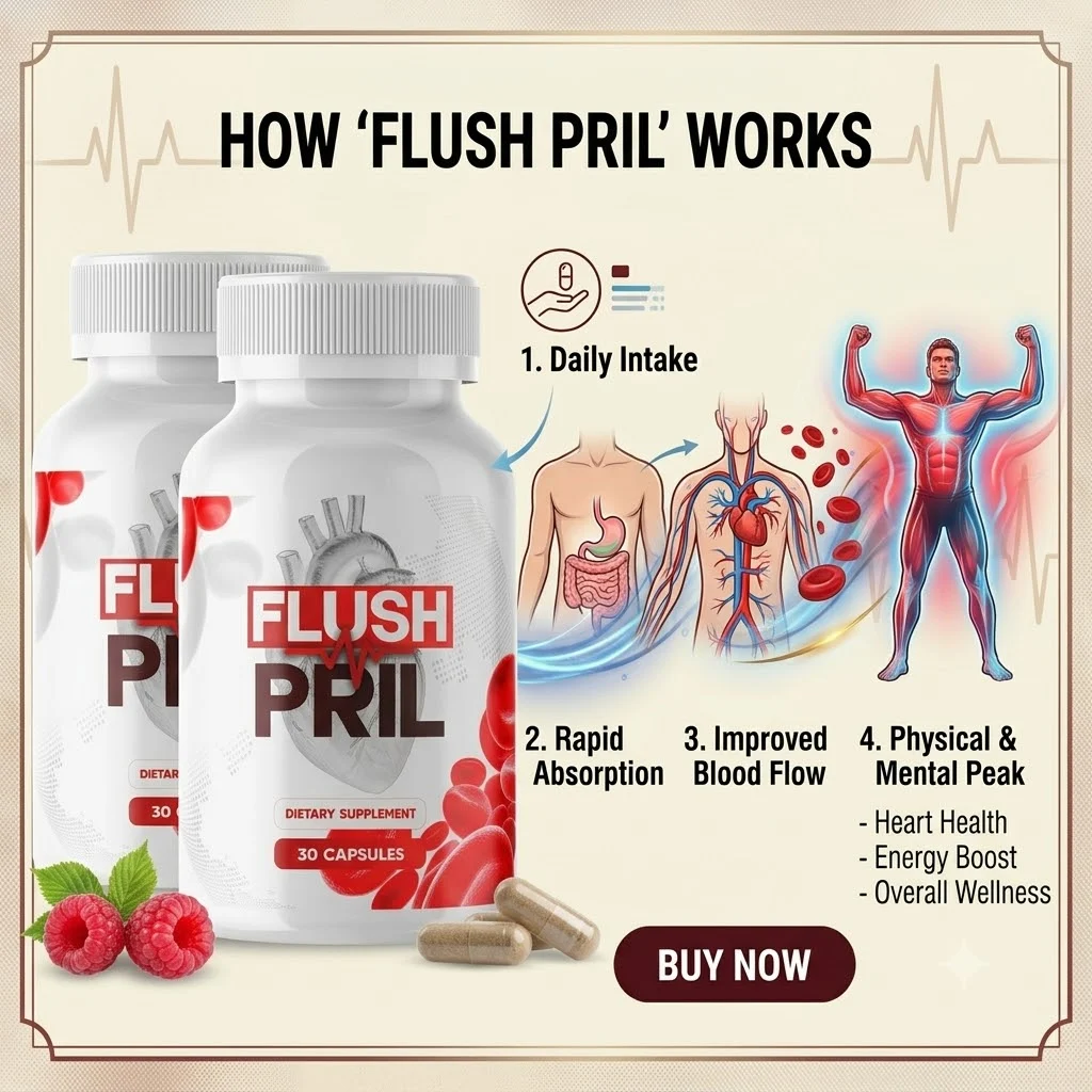 FlushPril how it works illustration: daily intake, absorption, blood flow and physical and mental peak